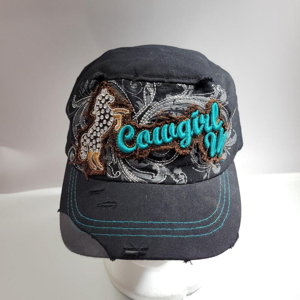Cowgirl Up Hat Army Cap Adjustable Womens Black Rhinestone Horse Embroidered